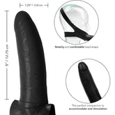 The CalExotics Original Accommodator Latex Dong Head Strap-on is featured in black, showcasing a stretchy and comfortable strap designed for hands-free use. With a length of 5 inches and a diameter of 1.25 inches, it emphasizes its design and functionality to enhance the oral pleasure experience specifically tailored for personal use.